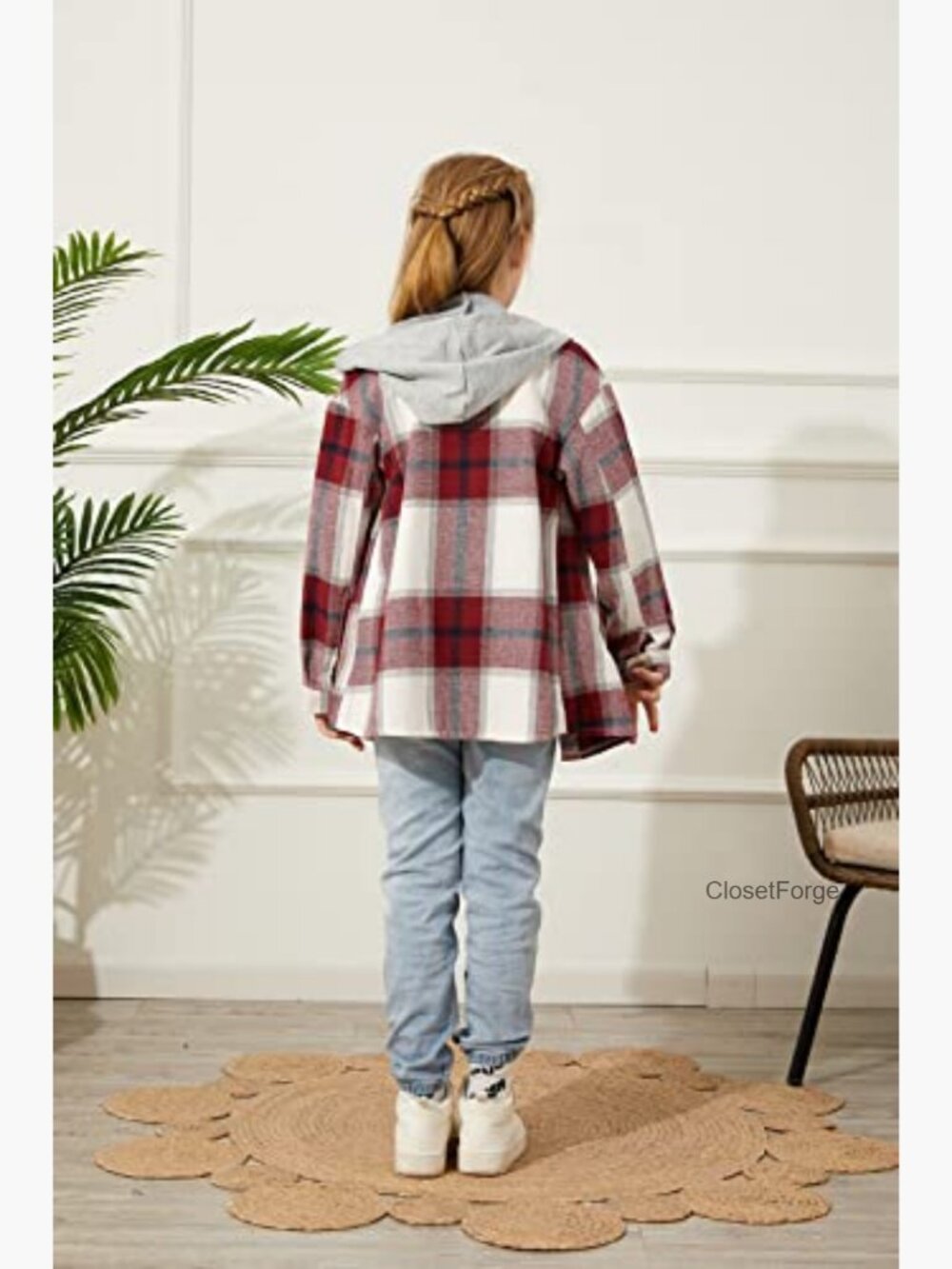 Girls Flannel Plaid Button Down Long Sleeve Hooded Jacket - Picture 5 of 7